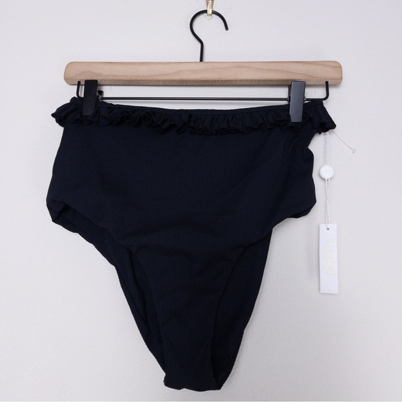 NEW Citrine x Anthropologie Alice Ruffle High Waist Ribbed Bikini Bottom L Black - Picture 5 of 10